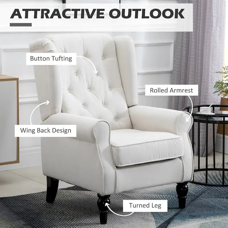 Fauteuil d'appoint capitonné moderne crème blanc à dossier haut de 29,3 po avec oreilles (ou à dossier ailé)