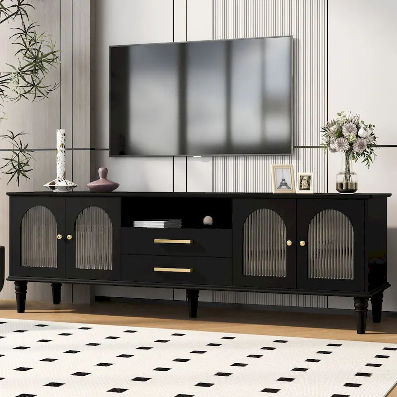 Meuble TV rétro de 68,9 po pour téléviseurs jusqu'à 75 po, console multimédia de centre de divertissement avec portes en verre cannelé pour salon