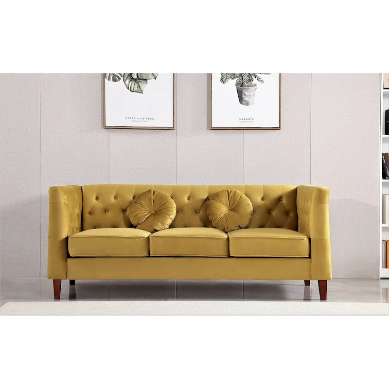 Canapé Chesterfield classique en velours avec pieds en bois