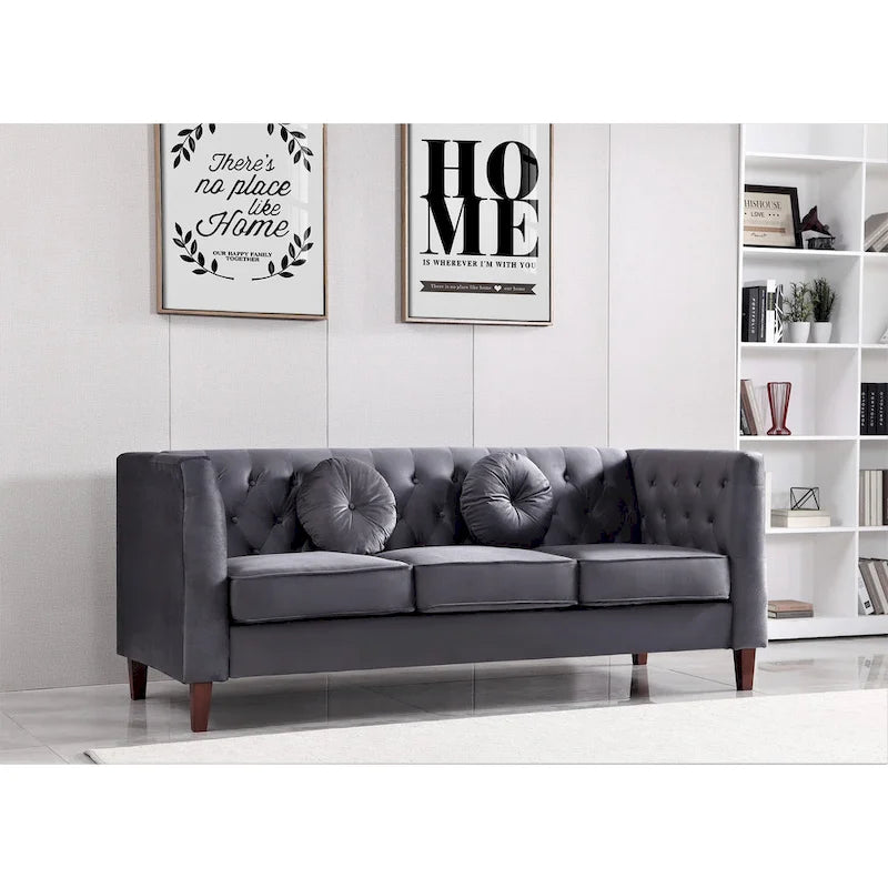 Canapé Chesterfield classique en velours avec pieds en bois