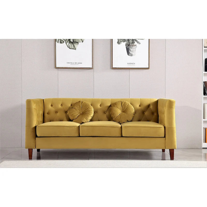 Canapé Chesterfield classique en velours avec pieds en bois