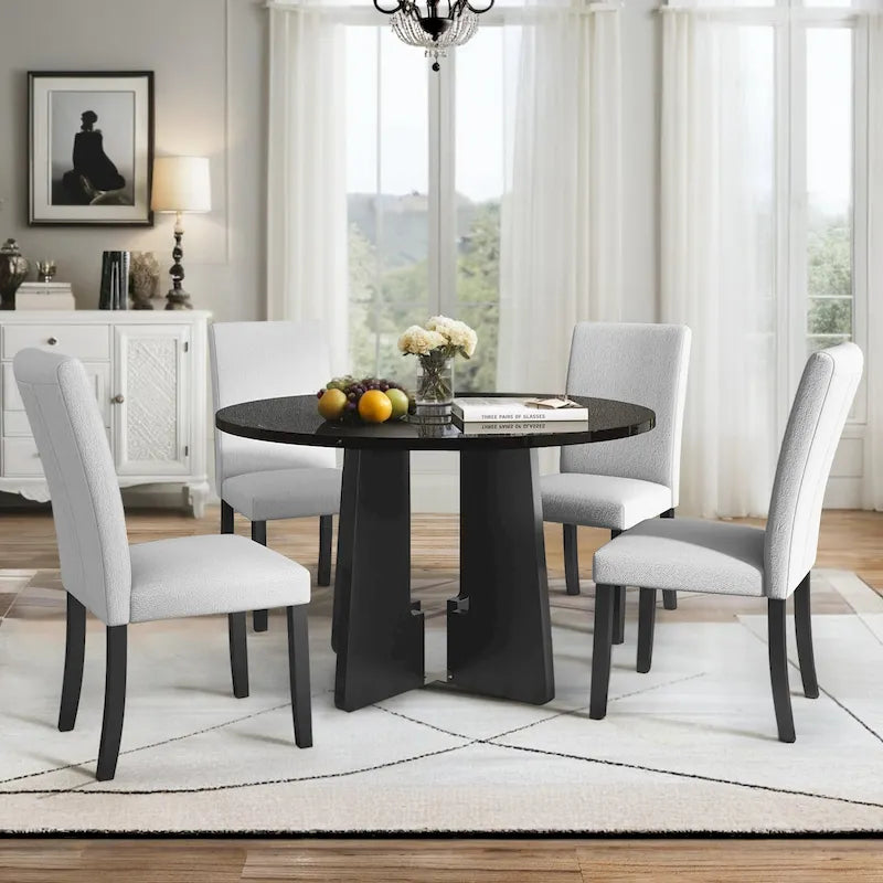 Table et chaises de cuisine en bois, Table à manger ronde avec plateau imitation marbre et 4 chaises rembourrées
