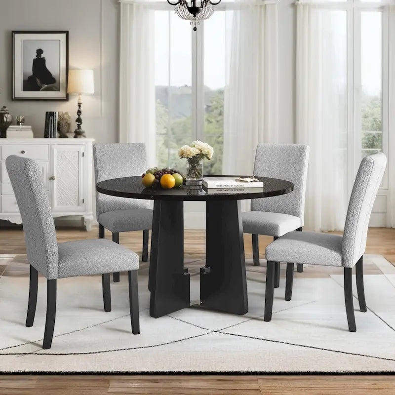 Table et chaises de cuisine en bois, Table à manger ronde avec plateau imitation marbre et 4 chaises rembourrées