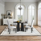 Table et chaises de cuisine en bois, Table à manger ronde avec plateau imitation marbre et 4 chaises rembourrées