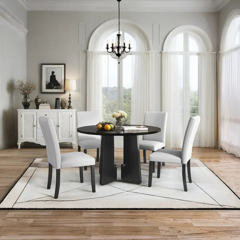 Table et chaises de cuisine en bois, Table à manger ronde avec plateau imitation marbre et 4 chaises rembourrées