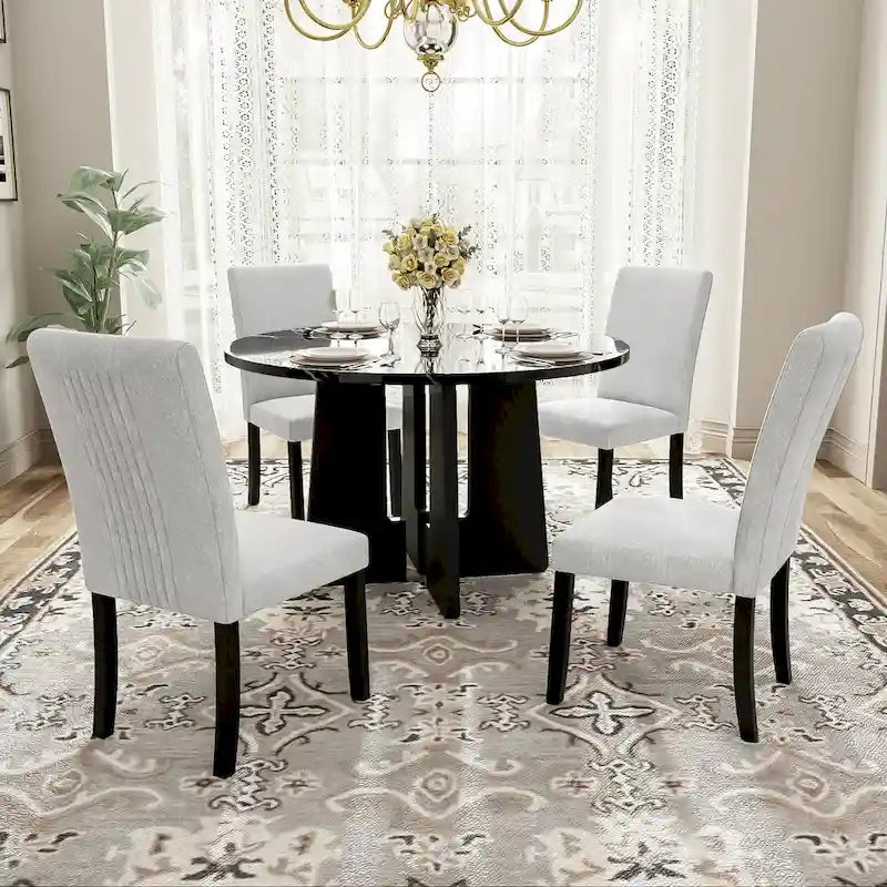Table et chaises de cuisine en bois, Table à manger ronde avec plateau imitation marbre et 4 chaises rembourrées