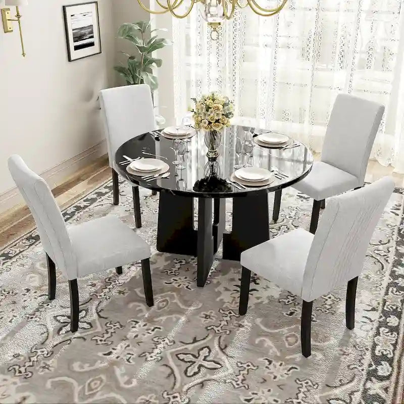 Table et chaises de cuisine en bois, Table à manger ronde avec plateau imitation marbre et 4 chaises rembourrées