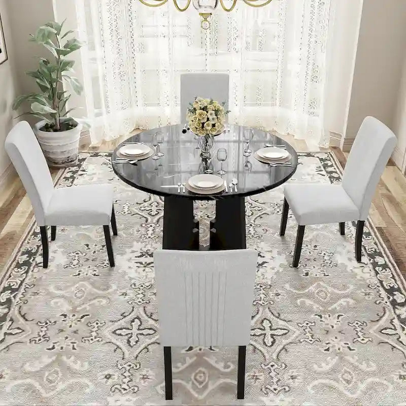 Table et chaises de cuisine en bois, Table à manger ronde avec plateau imitation marbre et 4 chaises rembourrées