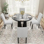 Table et chaises de cuisine en bois, Table à manger ronde avec plateau imitation marbre et 4 chaises rembourrées
