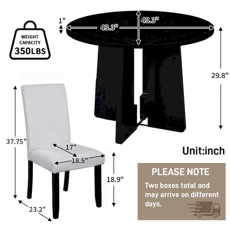 Table et chaises de cuisine en bois, Table à manger ronde avec plateau imitation marbre et 4 chaises rembourrées