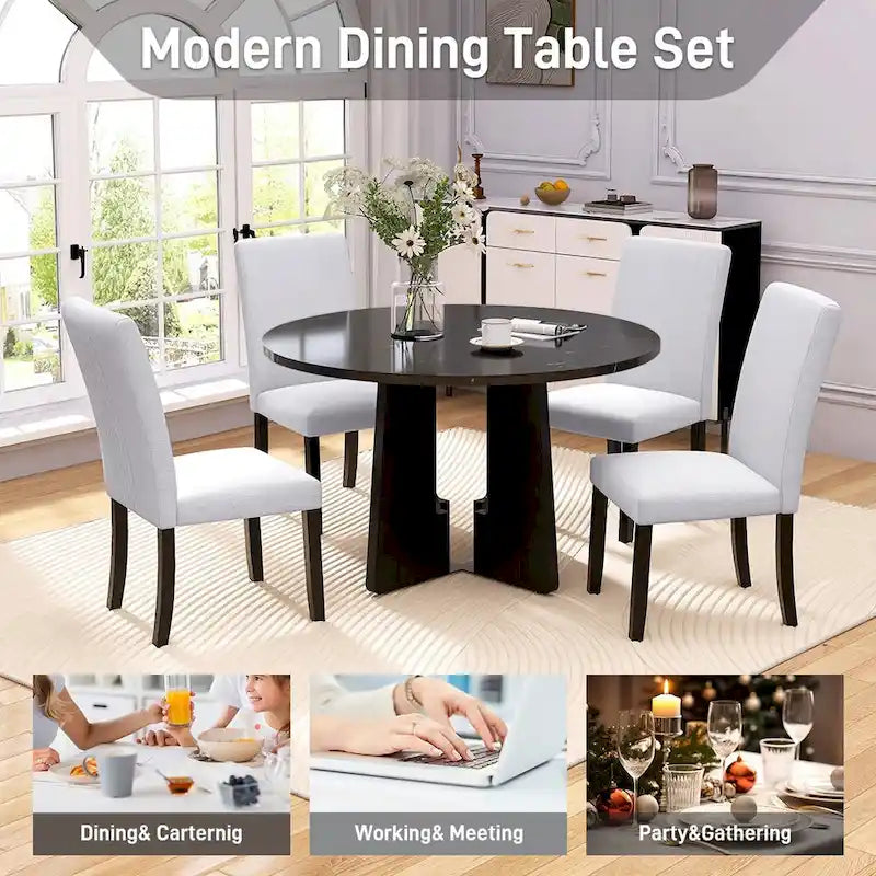 Table et chaises de cuisine en bois, Table à manger ronde avec plateau imitation marbre et 4 chaises rembourrées