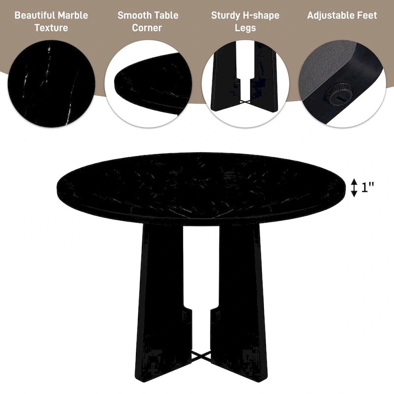 Table et chaises de cuisine en bois, Table à manger ronde avec plateau imitation marbre et 4 chaises rembourrées