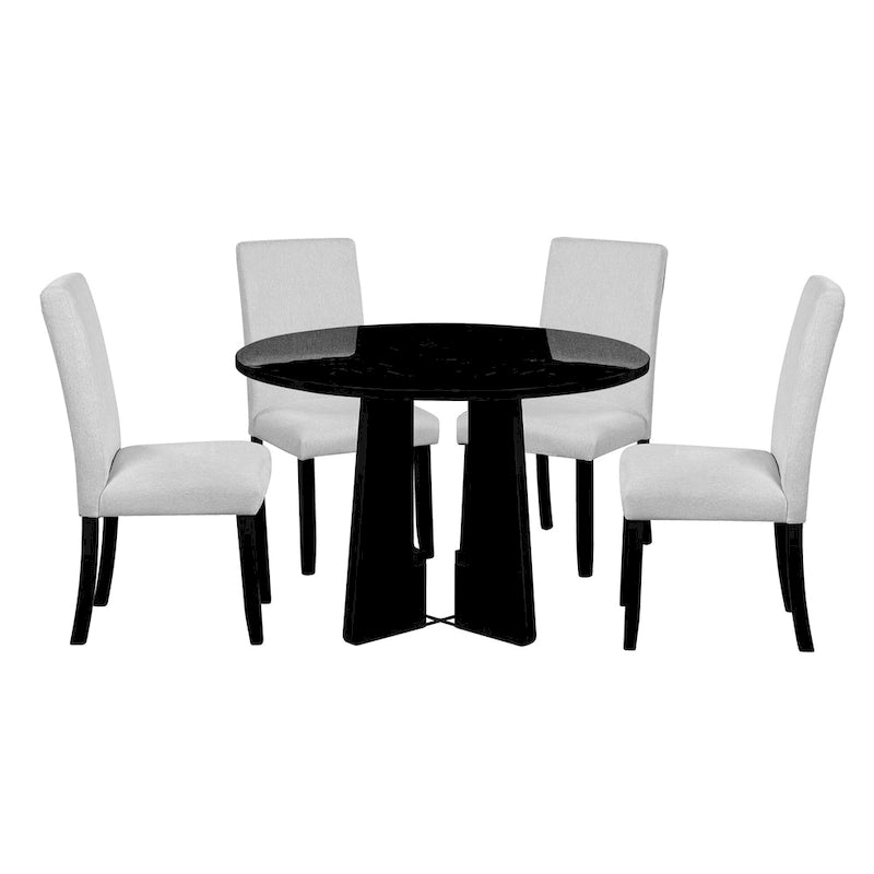 Table et chaises de cuisine en bois, Table à manger ronde avec plateau imitation marbre et 4 chaises rembourrées