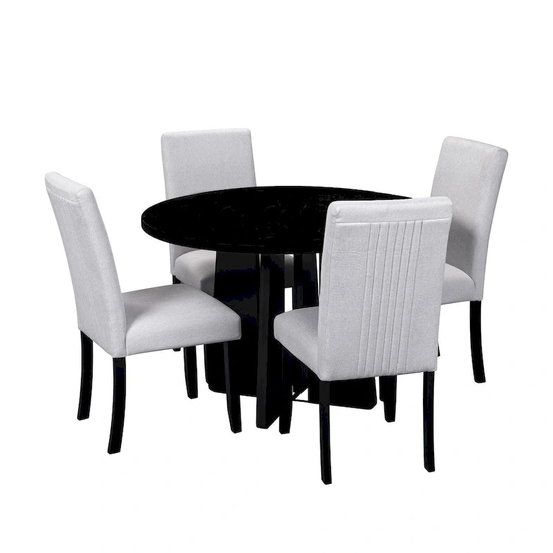 Table et chaises de cuisine en bois, Table à manger ronde avec plateau imitation marbre et 4 chaises rembourrées