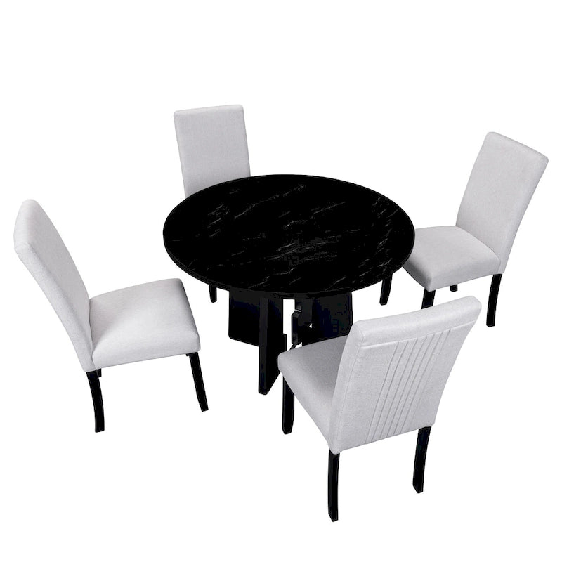 Table et chaises de cuisine en bois, Table à manger ronde avec plateau imitation marbre et 4 chaises rembourrées