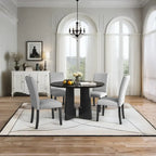 Table et chaises de cuisine en bois, Table à manger ronde avec plateau imitation marbre et 4 chaises rembourrées