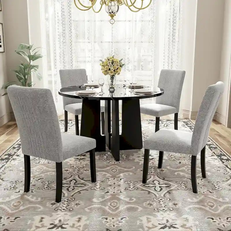 Table et chaises de cuisine en bois, Table à manger ronde avec plateau imitation marbre et 4 chaises rembourrées