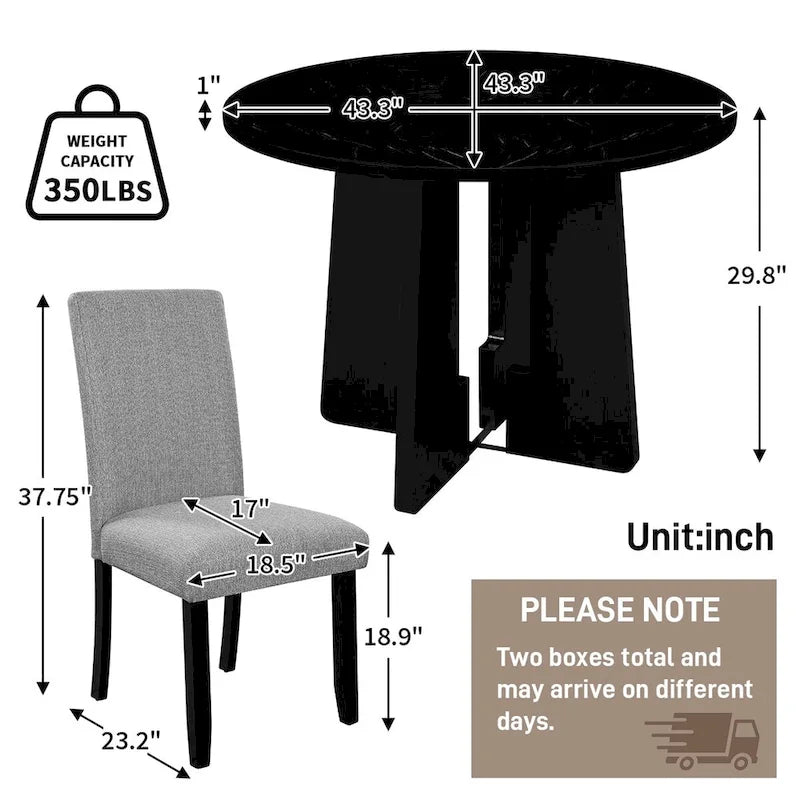 Table et chaises de cuisine en bois, Table à manger ronde avec plateau imitation marbre et 4 chaises rembourrées