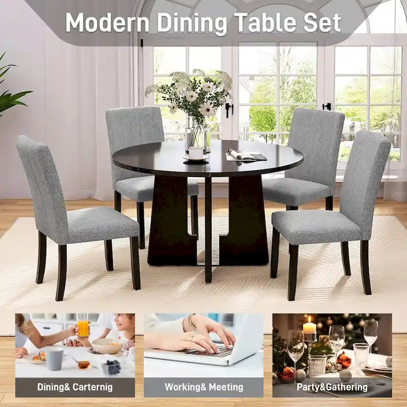 Table et chaises de cuisine en bois, Table à manger ronde avec plateau imitation marbre et 4 chaises rembourrées