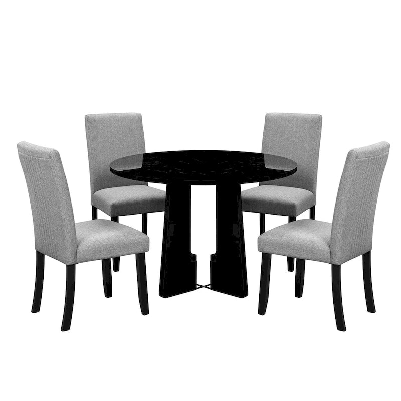 Table et chaises de cuisine en bois, Table à manger ronde avec plateau imitation marbre et 4 chaises rembourrées