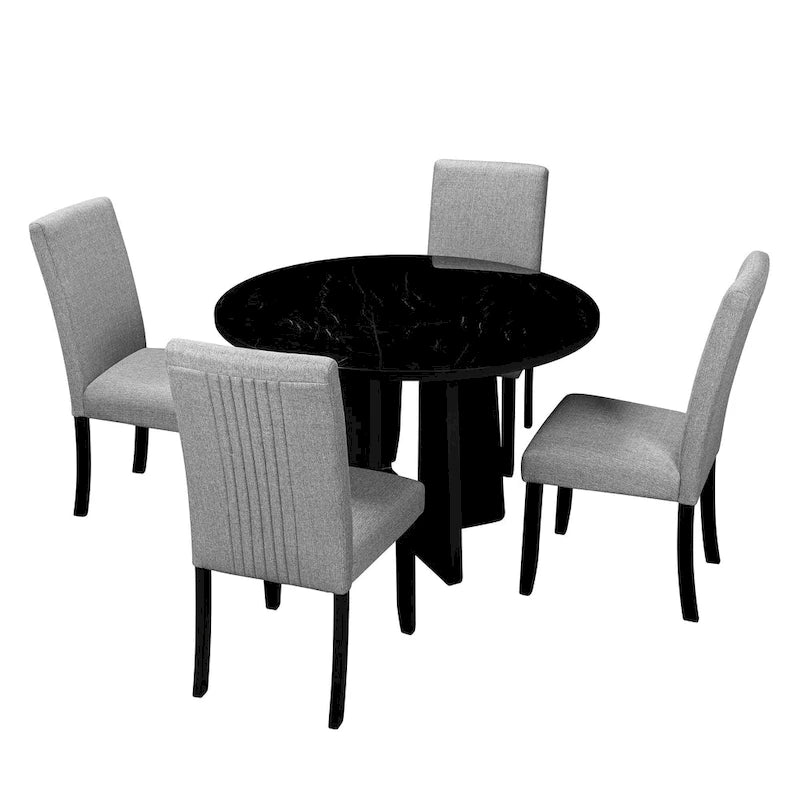 Table et chaises de cuisine en bois, Table à manger ronde avec plateau imitation marbre et 4 chaises rembourrées