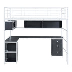 Lit mezzanine pleine grandeur avec bibliothèque et armoire, lit mezzanine en métal avec bureau intégré en forme de L, cadre de lit en métal pour enfants, adolescents et adultes