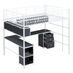Lit mezzanine pleine grandeur avec bibliothèque et armoire, lit mezzanine en métal avec bureau intégré en forme de L, cadre de lit en métal pour enfants, adolescents et adultes