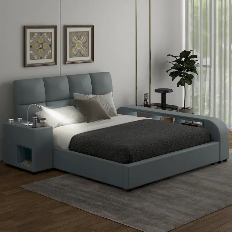 Cadre de lit plateforme en cuir PU Queen Size avec table de chevet multimédia