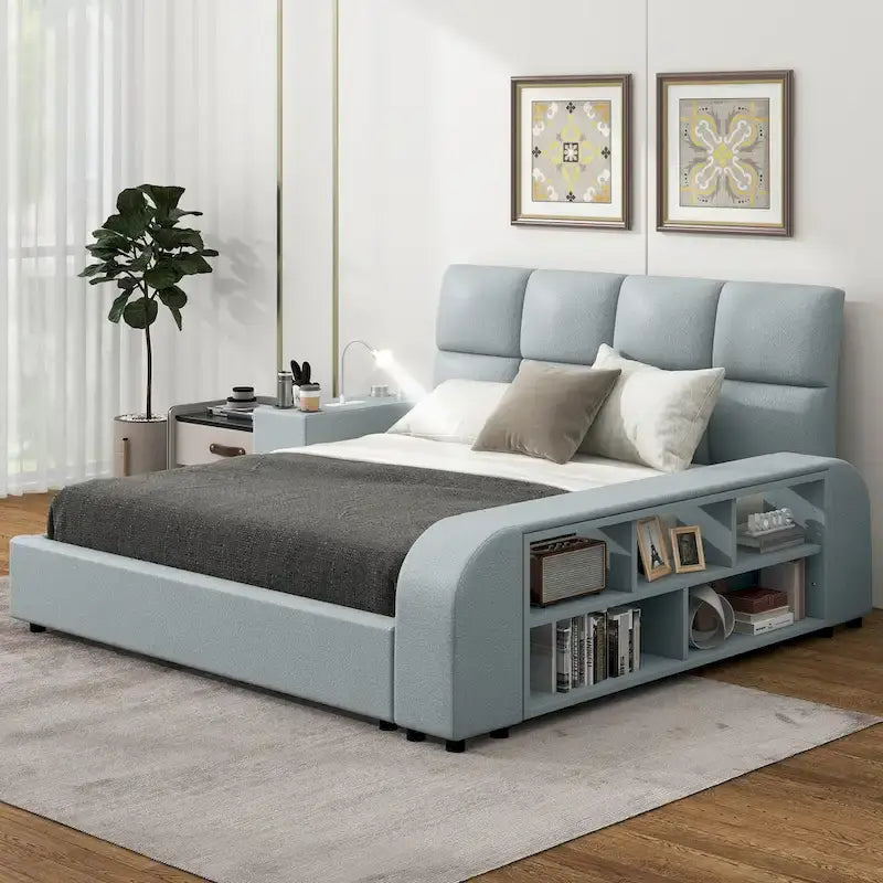 Cadre de lit plateforme en cuir PU Queen Size avec table de chevet multimédia