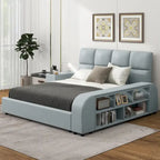 Cadre de lit plateforme en cuir PU Queen Size avec table de chevet multimédia