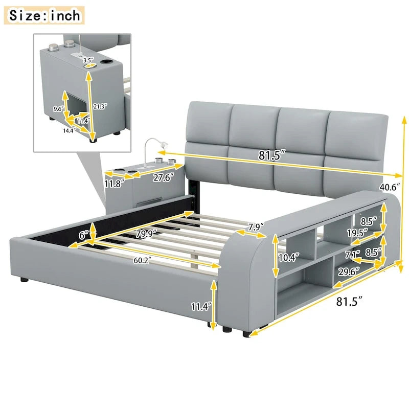 Cadre de lit plateforme en cuir PU Queen Size avec table de chevet multimédia