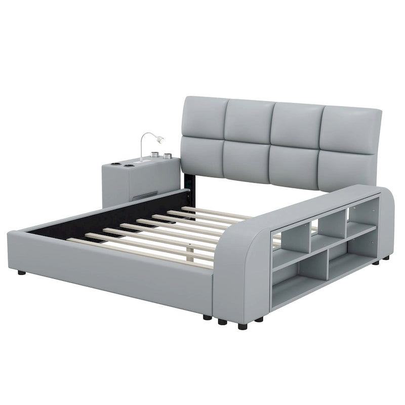 Cadre de lit plateforme en cuir PU Queen Size avec table de chevet multimédia