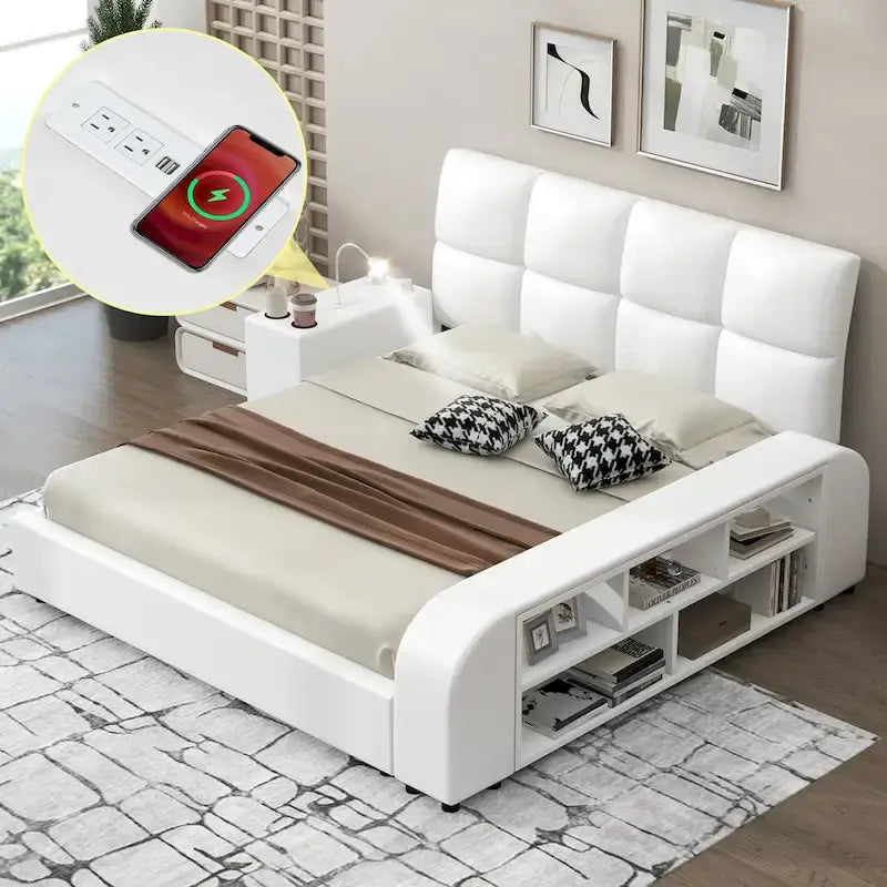 Cadre de lit plateforme en cuir PU Queen Size avec table de chevet multimédia