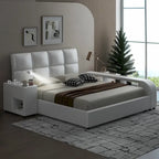 Cadre de lit plateforme en cuir PU Queen Size avec table de chevet multimédia