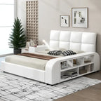 Cadre de lit plateforme en cuir PU Queen Size avec table de chevet multimédia