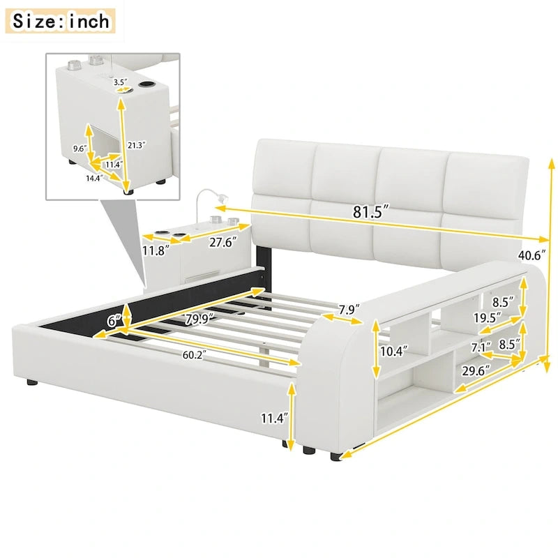 Cadre de lit plateforme en cuir PU Queen Size avec table de chevet multimédia
