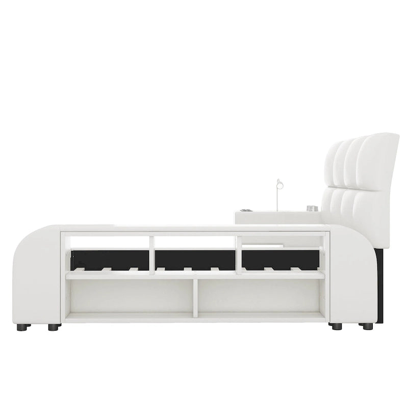 Cadre de lit plateforme en cuir PU Queen Size avec table de chevet multimédia
