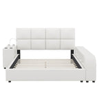 Cadre de lit plateforme en cuir PU Queen Size avec table de chevet multimédia