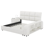 Cadre de lit plateforme en cuir PU Queen Size avec table de chevet multimédia