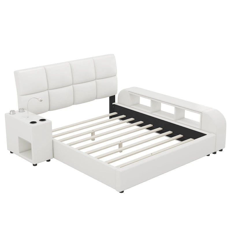 Cadre de lit plateforme en cuir PU Queen Size avec table de chevet multimédia