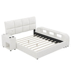 Cadre de lit plateforme en cuir PU Queen Size avec table de chevet multimédia