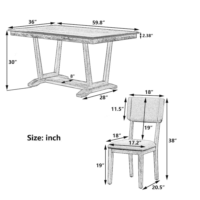 Table à manger en bois avec table rectangulaire 59 et 4 chaises