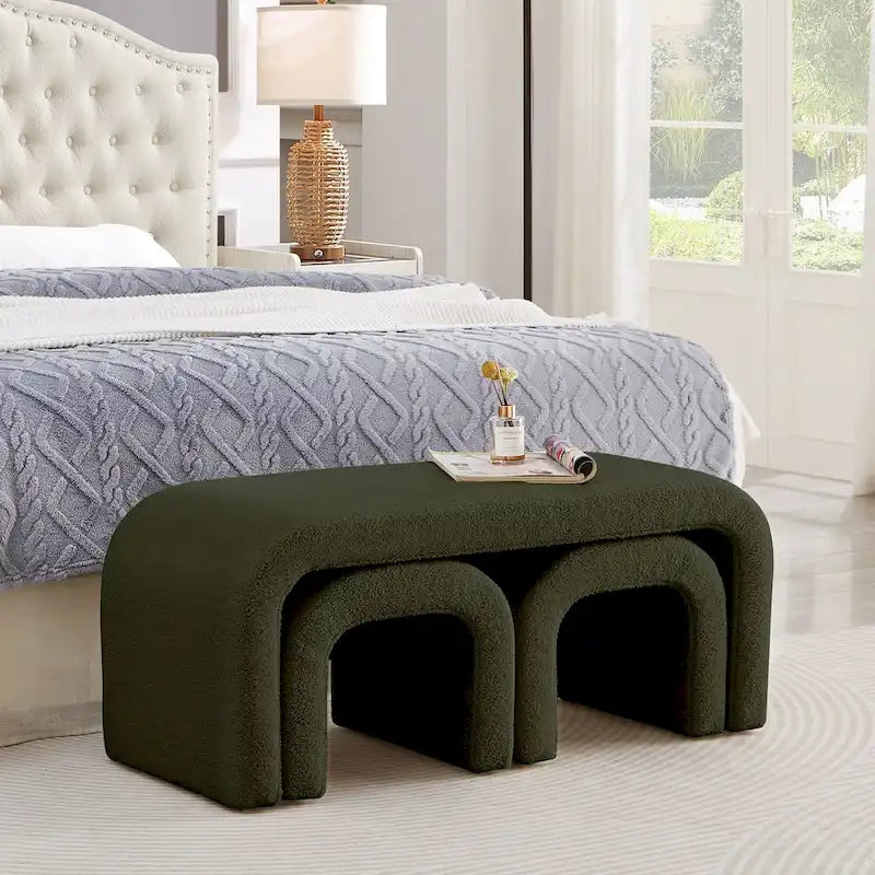 Banc moderne en forme de U, pouf en tissu peluche pour entrée, bout de lit de chambre, petit repose-pieds de canapé