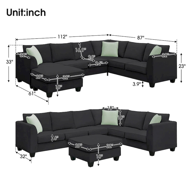 Canapés sectionnels 112*87, canapés de salon 7 places, canapé sectionnel modulable avec 3 coussins, noir