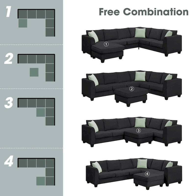 Canapés sectionnels 112*87, canapés de salon 7 places, canapé sectionnel modulable avec 3 coussins, noir
