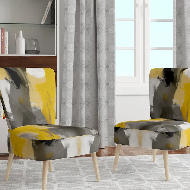Fauteuil d'appoint abstrait rembourré jaune moutarde et gris vif II et fauteuil moderne et contemporain