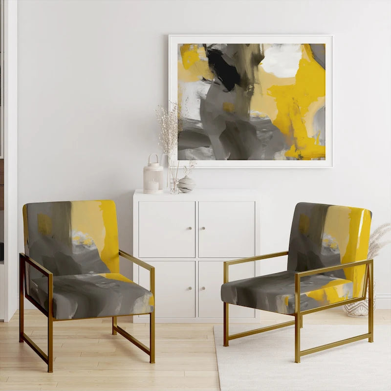 Fauteuil d'appoint abstrait rembourré jaune moutarde et gris vif II et fauteuil moderne et contemporain