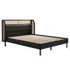 Lit plateforme Queen en bois de rotin Cannage moderne, noir