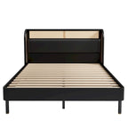 Lit plateforme Queen en bois de rotin Cannage moderne, noir