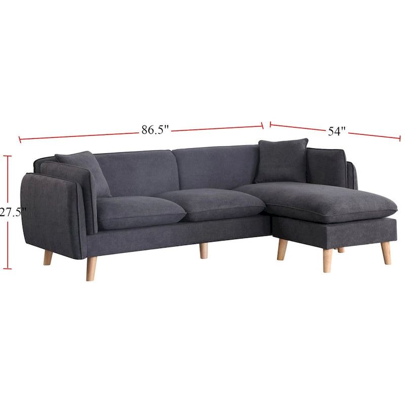Canapé d'angle en tissu avec méridienne et pieds coniques